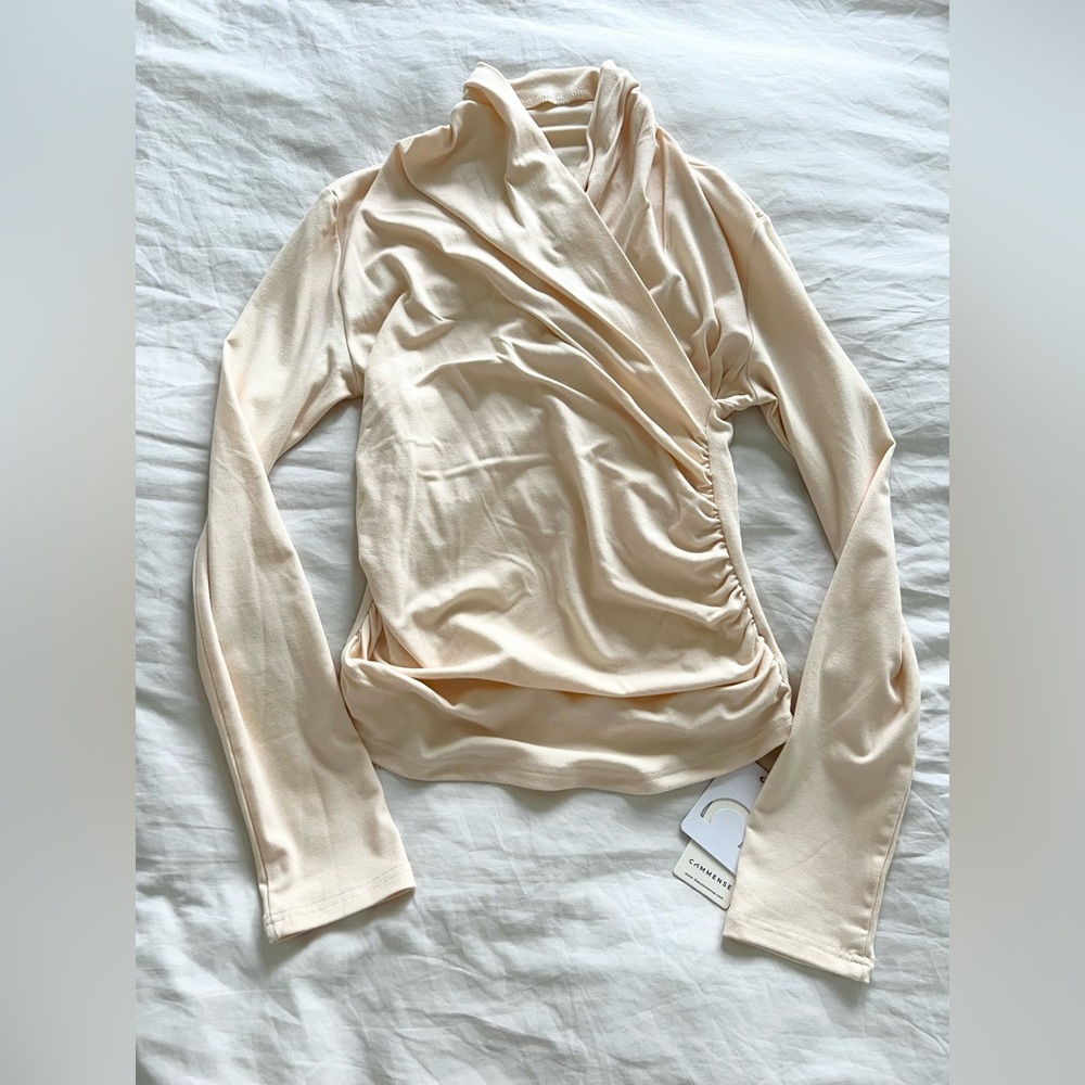 NWT Commense Cross-Over Collar Pleated Cinched T-Shirt